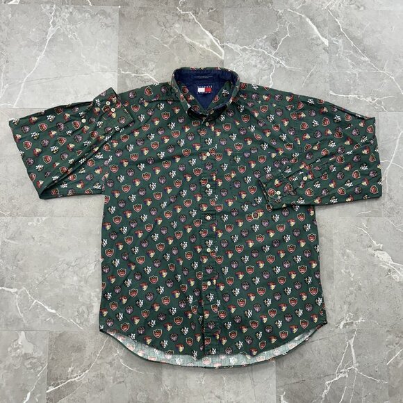 Vintage Tommy Hilfiger Shirt Mens Large Crest All Over Print AOP Button Up y2k - Picture 1 of 8